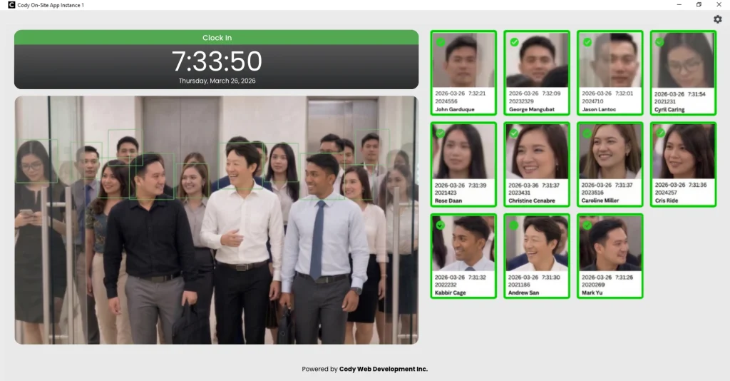 Facial recognition time tracking system identifying employees and recording attendance automatically in an office setting.